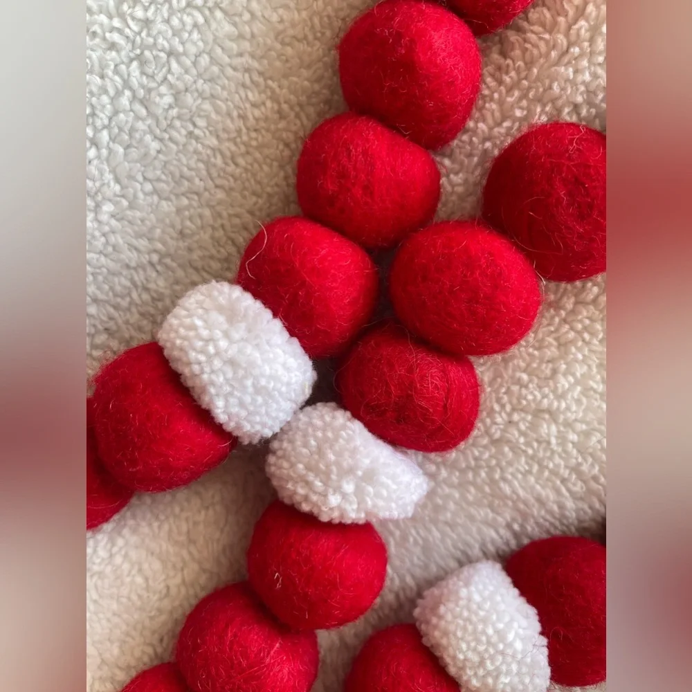 6 ft RED & WHITE wool ball garland. New with tags